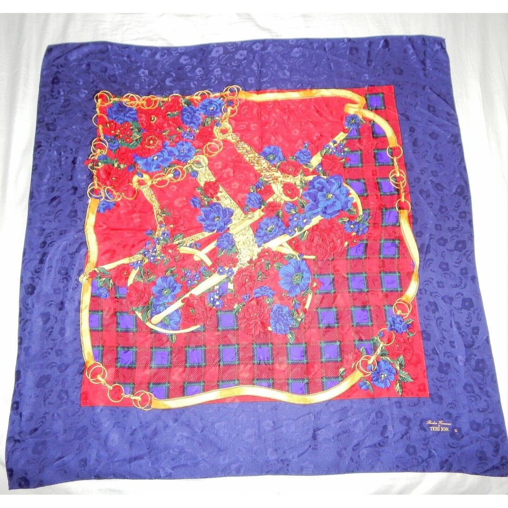 Ricki Freeman For Teri Jon Floral Silk Scarf Navy Red Gold Plaid Korea - Picture 2 of 16
